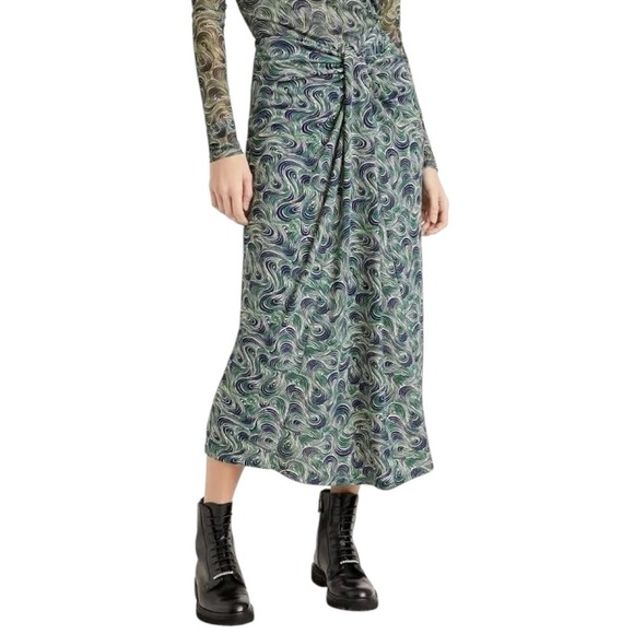 Cinq a Sept Womens Skirt Size 4 Green Blue Swirl Print Knot Front Midi New - Picture 2 of 6